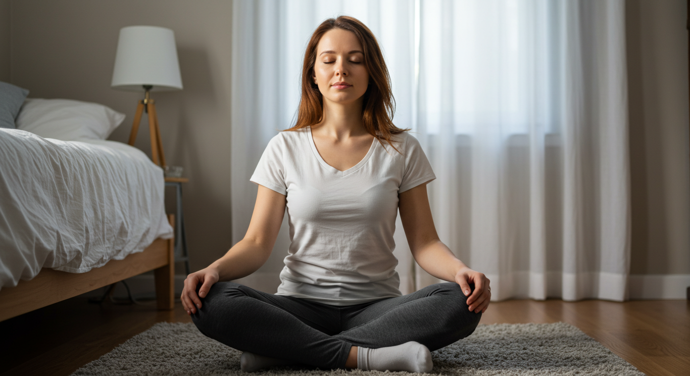 Молодая мама занимается медитацией с закрытыми глазами в спальне