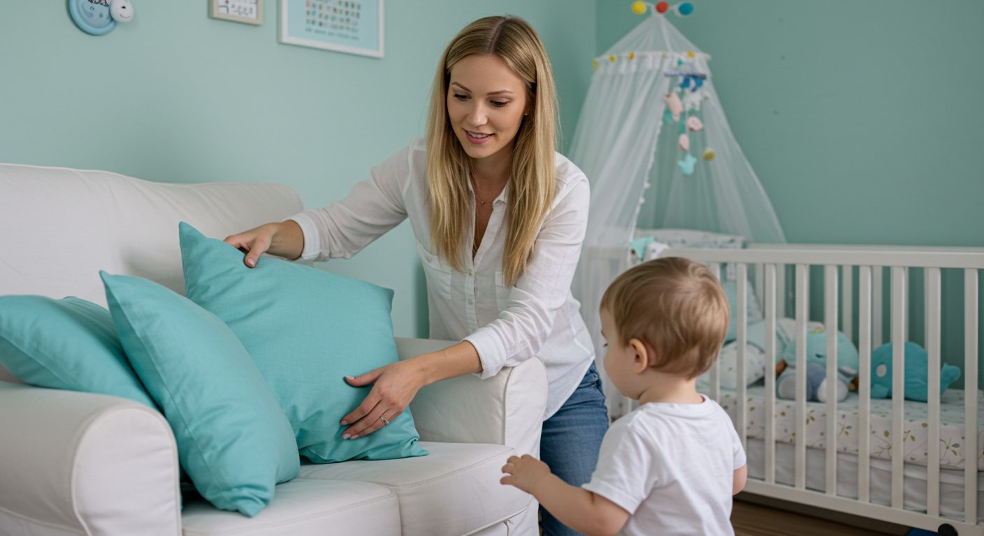 Молодая мать с ребенком в уютной бирюзово-белой детской комнате
