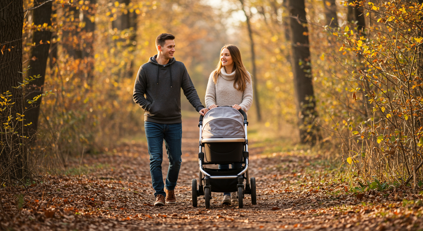 Молодая пара гуляет в лесу с коляской, держась за руки