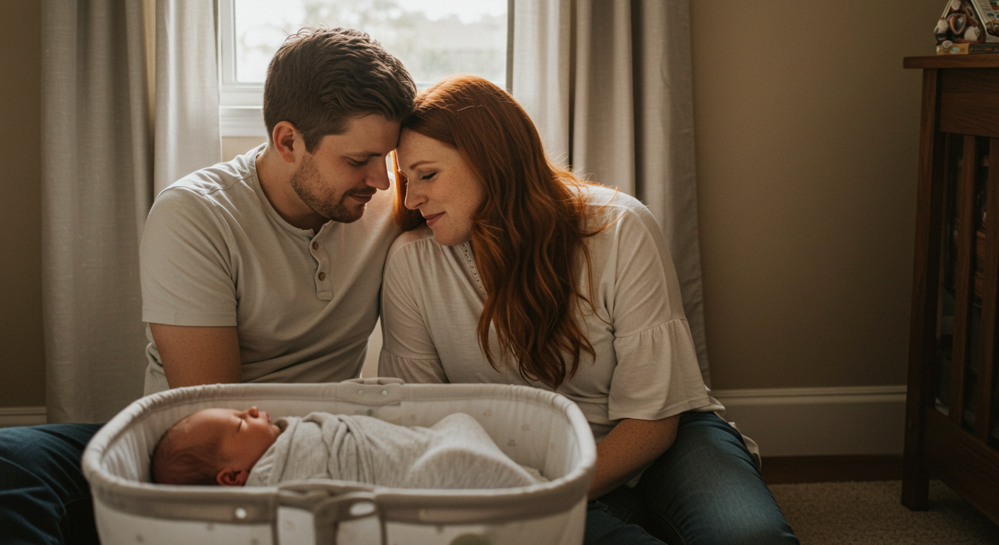Молодая пара сидит на полу детской, держа руки, пока их новорожденный спит