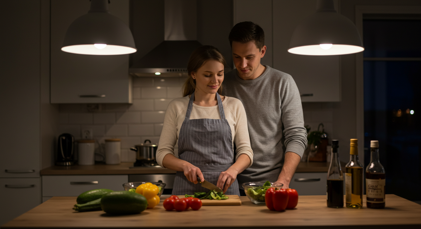 Молодая семья готовит ужин на кухне, пока их сын рисует