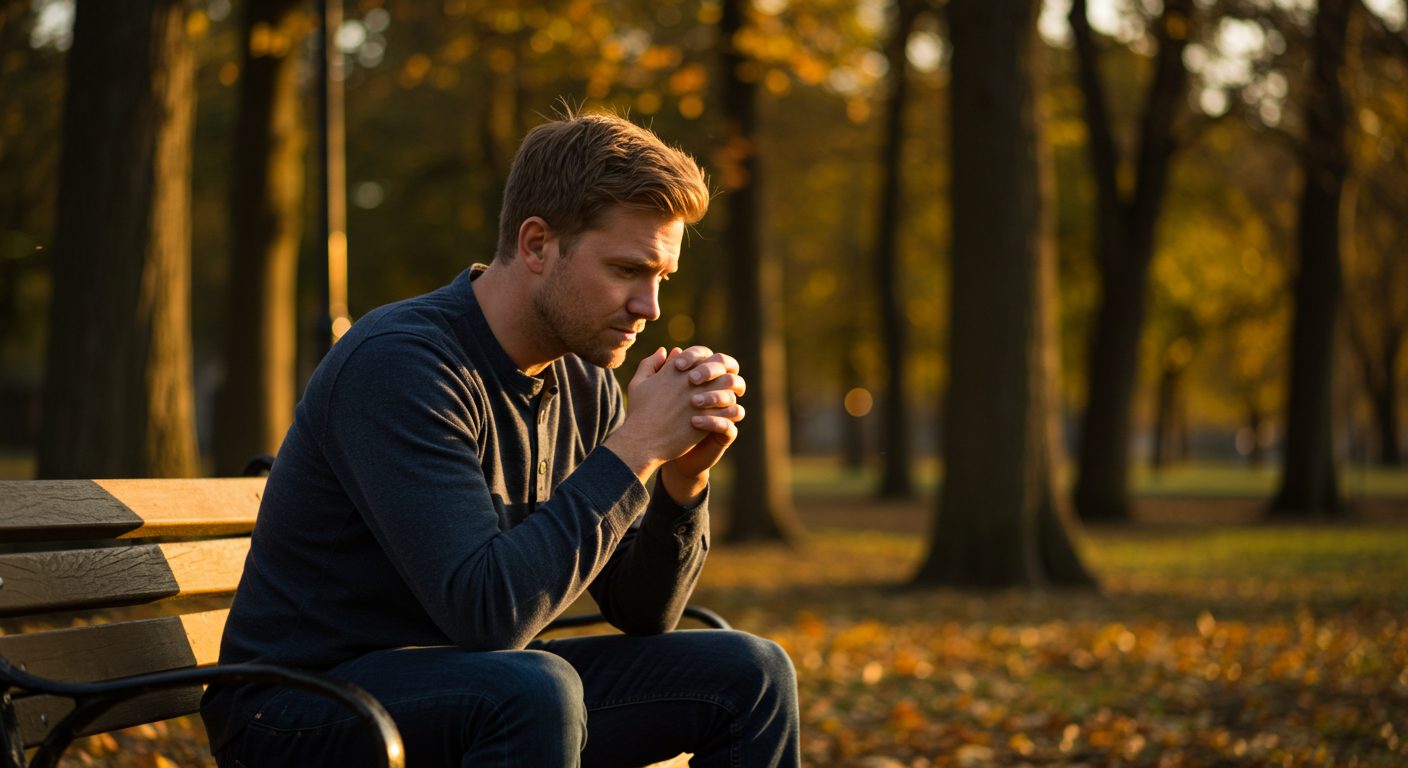 Молодой отец сидит на скамейке в парке, о чем-то задумался