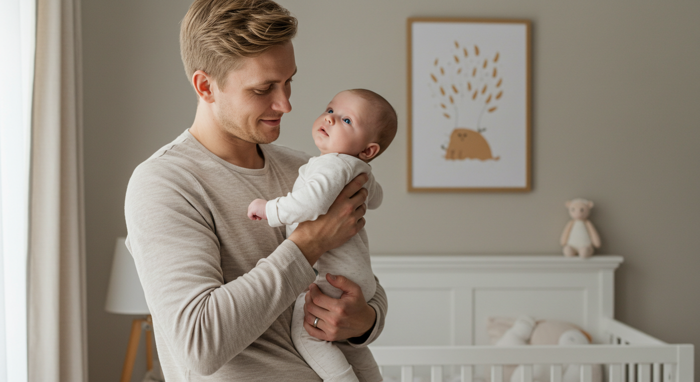 Молодой папа держит 8-месячного ребенка в детской, испытывая сильную тревожность