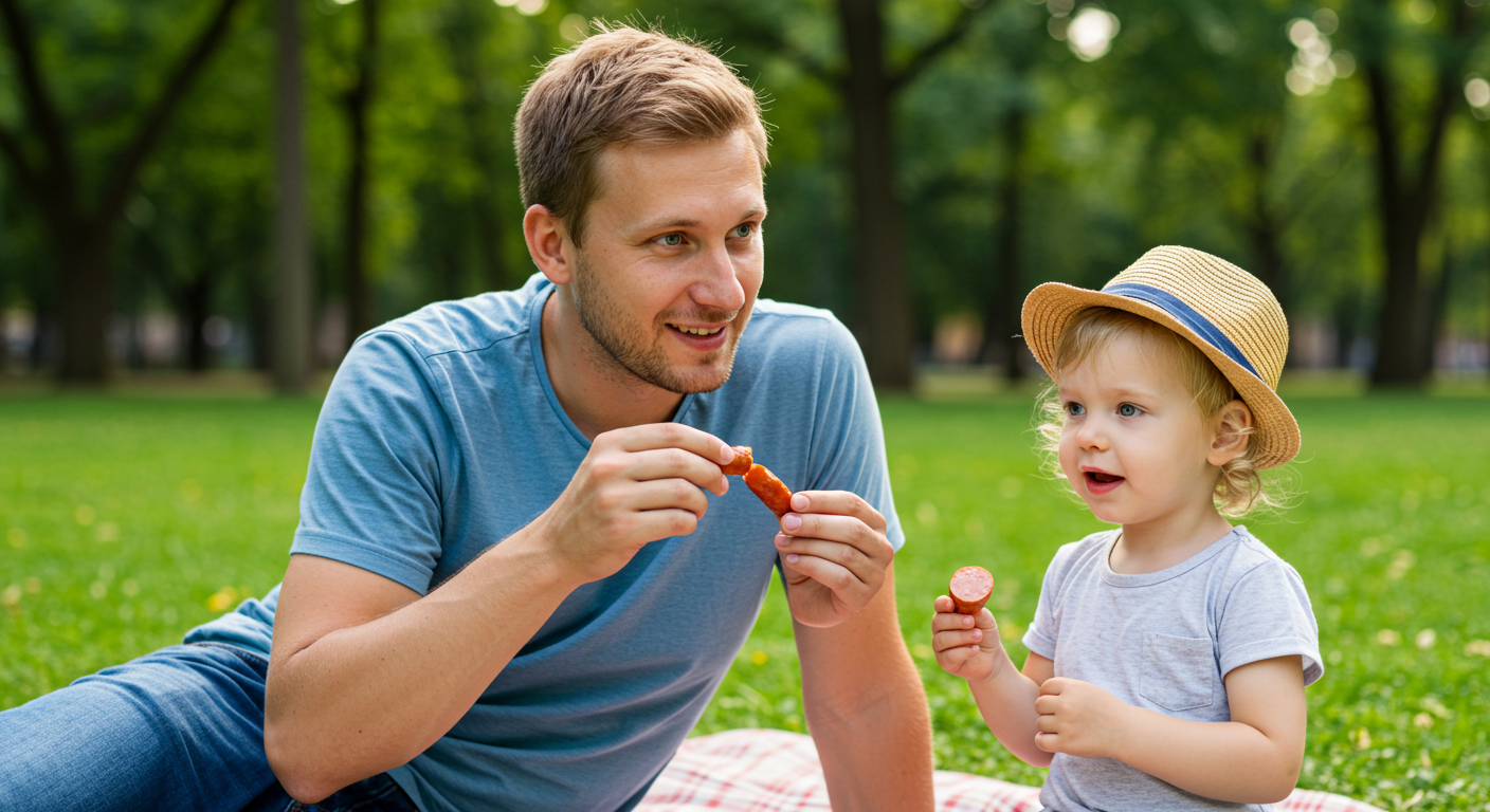 Отец кормит дочь домашними куриными сосисками на пикнике в парке