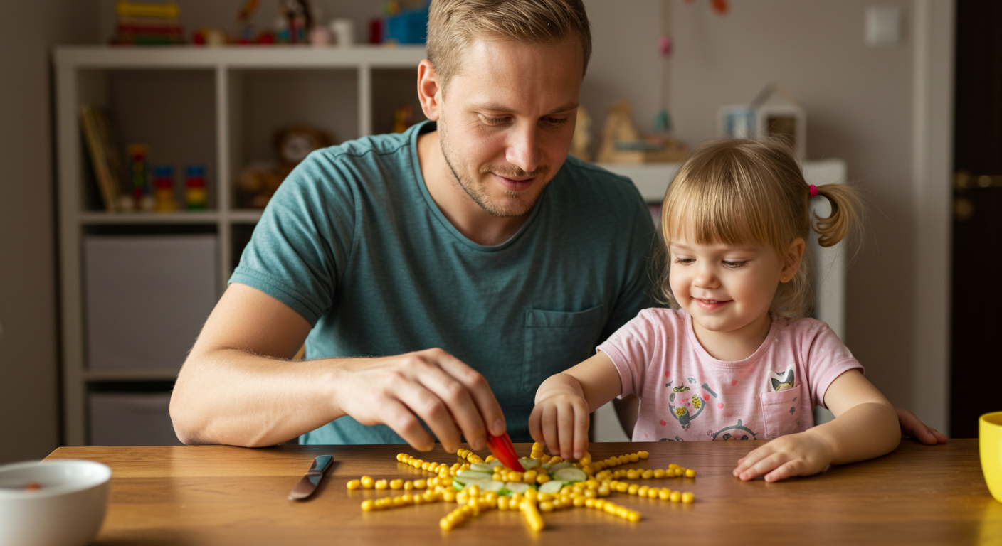 Отец с дочерью собирают салат в форме солнца на столе