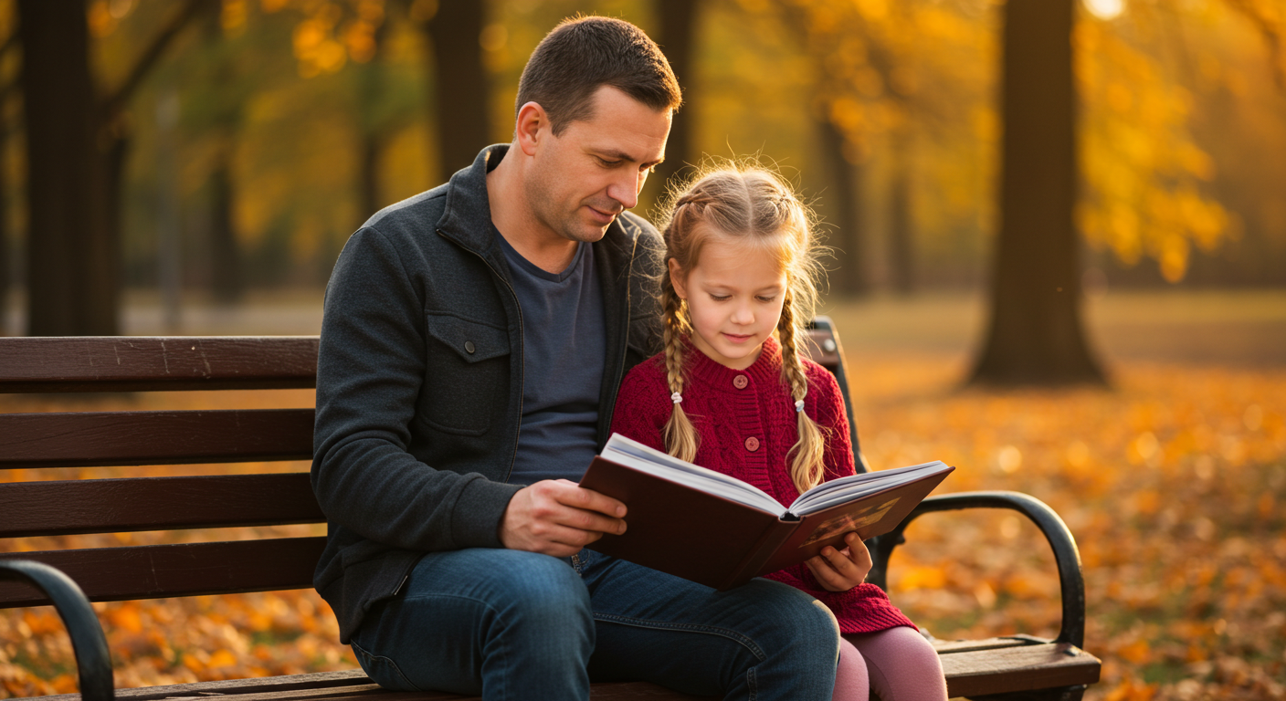 Отец читает книгу с 7-летней дочерью в парке, помогая справиться с тревогой