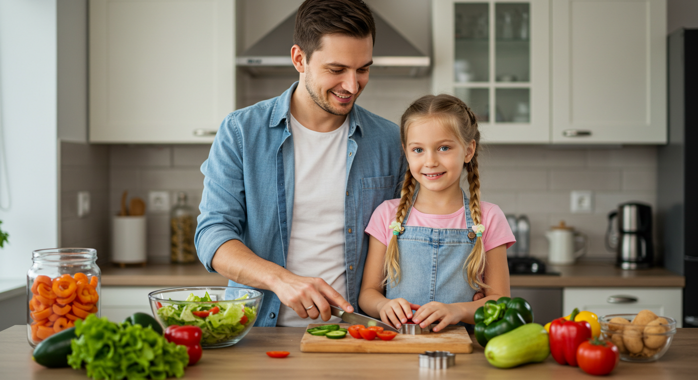 Отец готовит овощной салат с дочкой на кухне