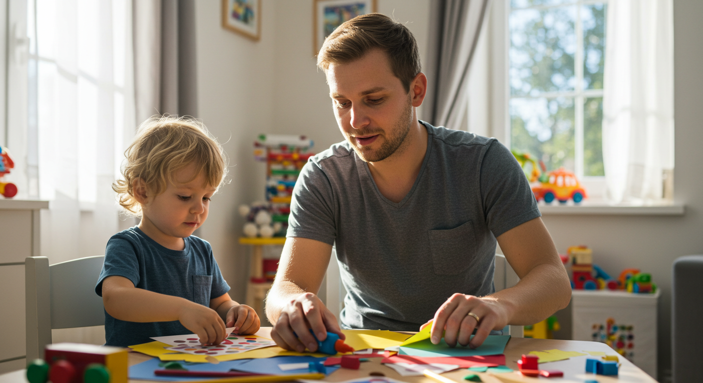 Отец готовит стол для поделок с четырехлетним сыном в яркой игровой комнате