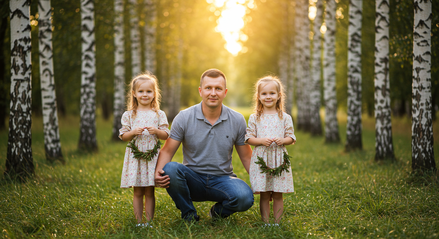 Отец гуляет с дочками в березовой роще с венками в руках