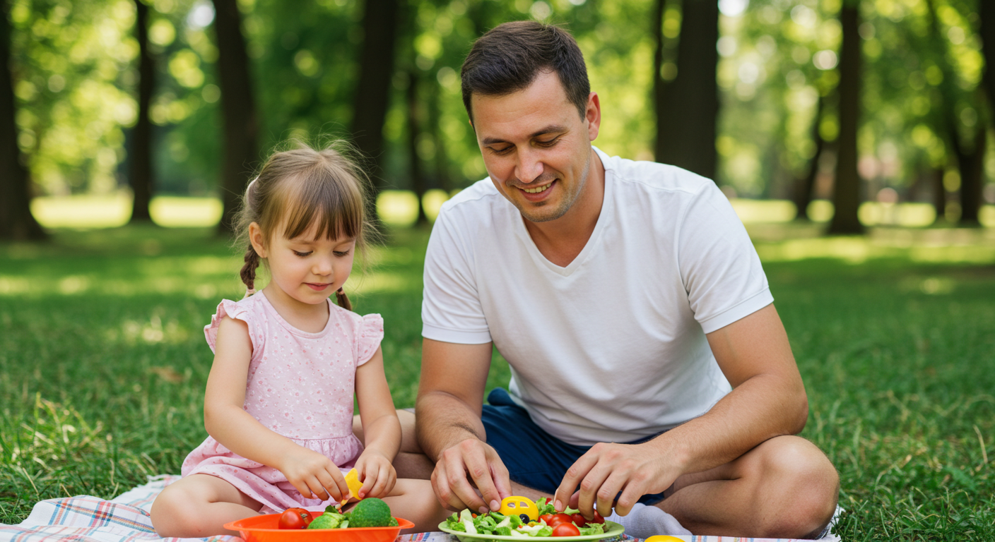 Отец и дочь делают салат из овощей для детского стола на пикнике