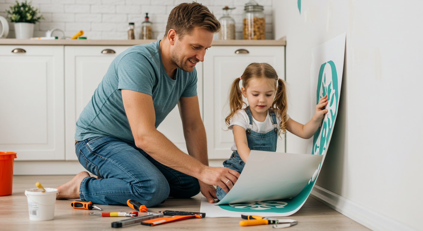 Отец и дочь готовят шаблон для покраски кирпичной стены на кухне