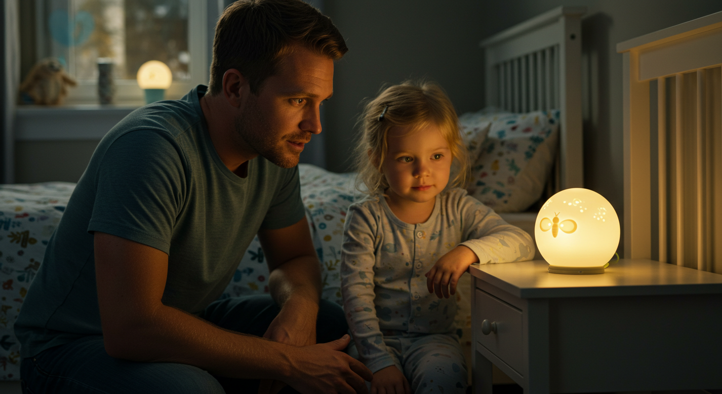 Отец и дочь рассматривают ночник, помогающий преодолеть страх темноты