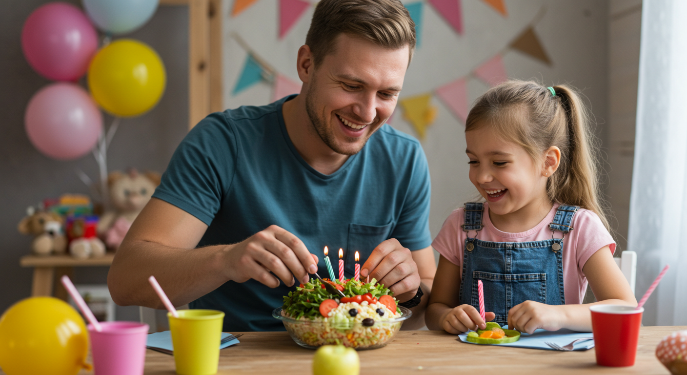 Отец и дочь смеются, готовя детский салат в праздничной обстановке