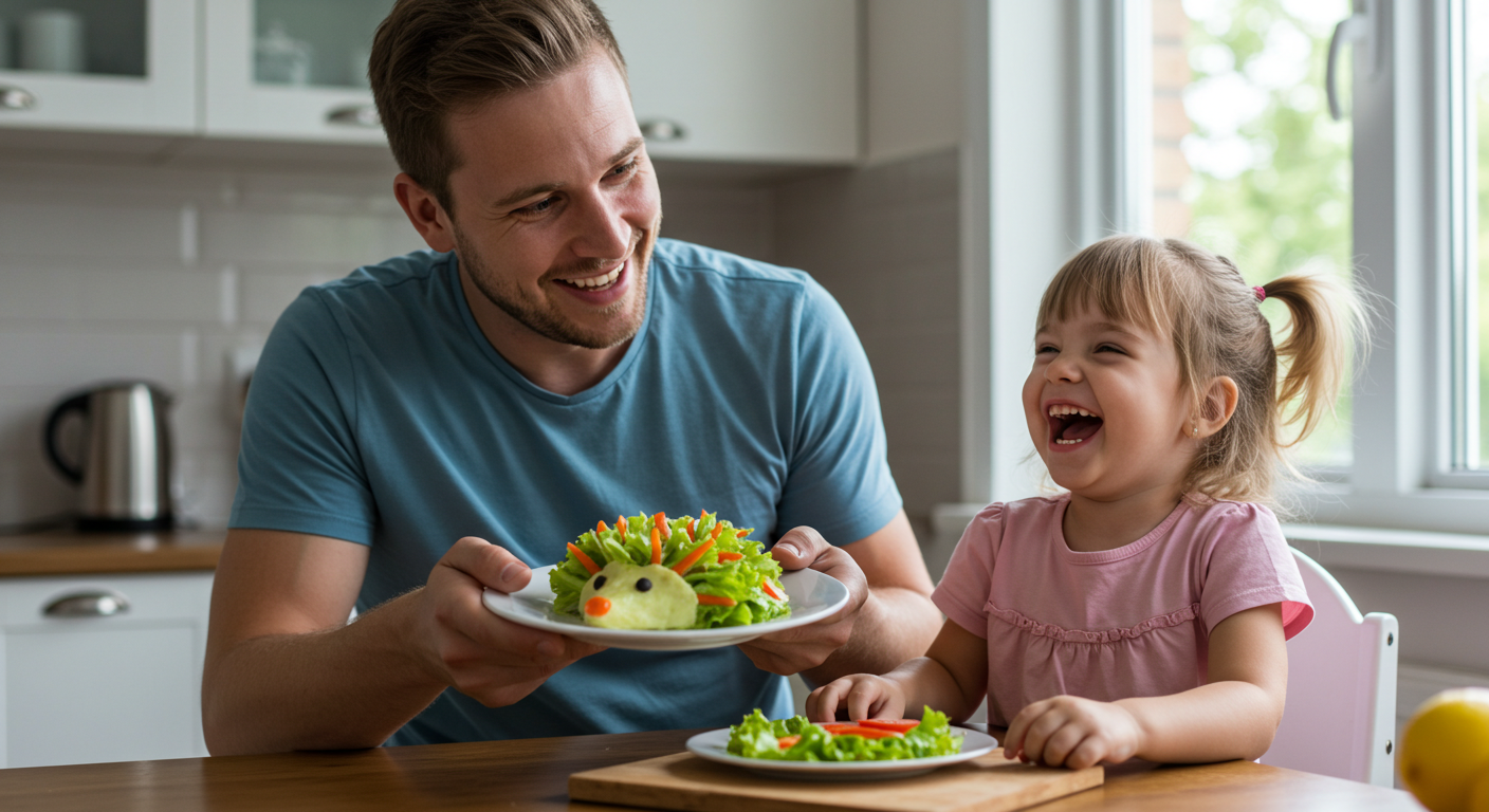 Отец и дочь улыбаются, рассматривая праздничный салат мозаика в виде ежика