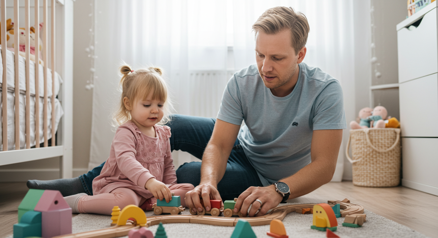 Отец и дочери собирают деревянный поезд в уютной детской