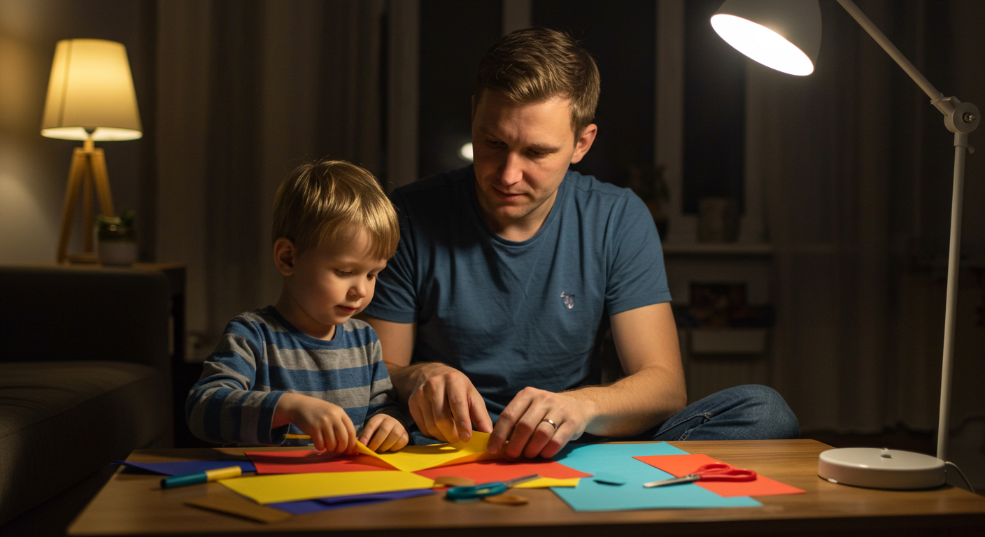 Отец и сын 4 лет занимаются оригами, складывая бумажные лодочки дома