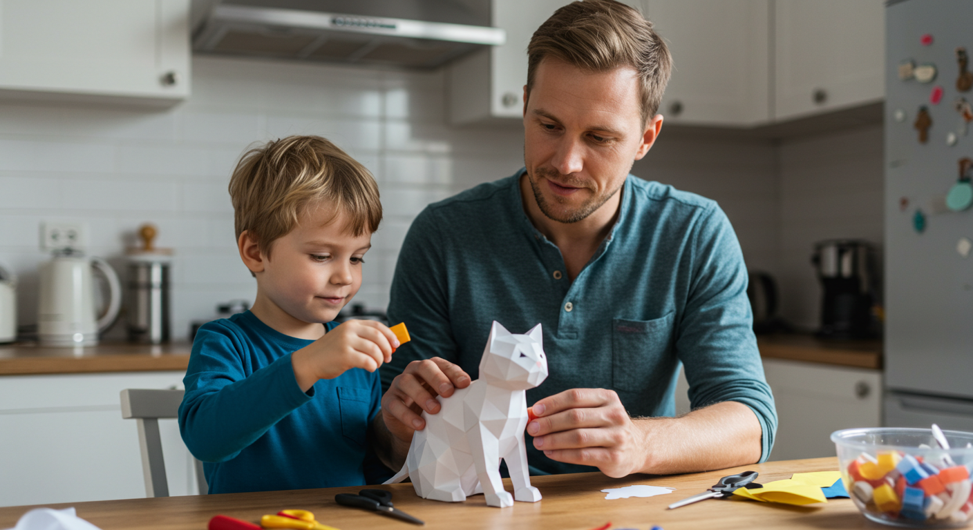 Отец и сын собирают 3D кота из бумаги на кухне, работают вместе