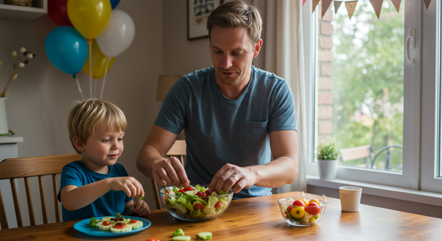 Отец и сын украшают салат в форме животного на день рождения