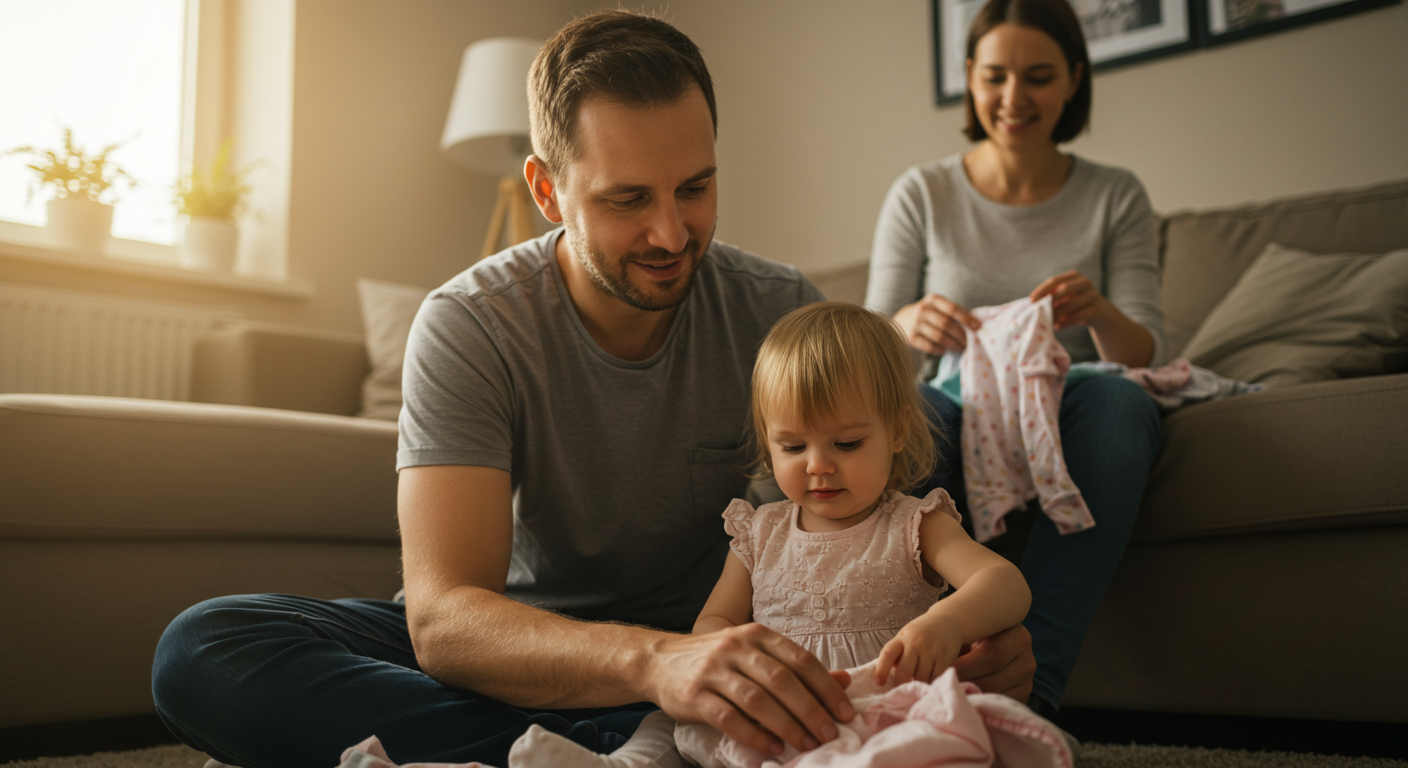 Отец играет с дочерью, мать улыбается, складывая детские вещи