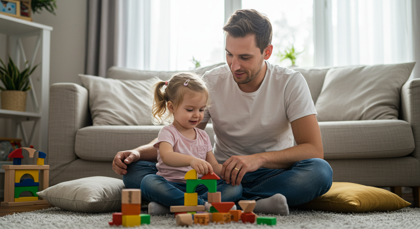 Отец играет с дочерью на полу в уютной комнате, оба улыбаются