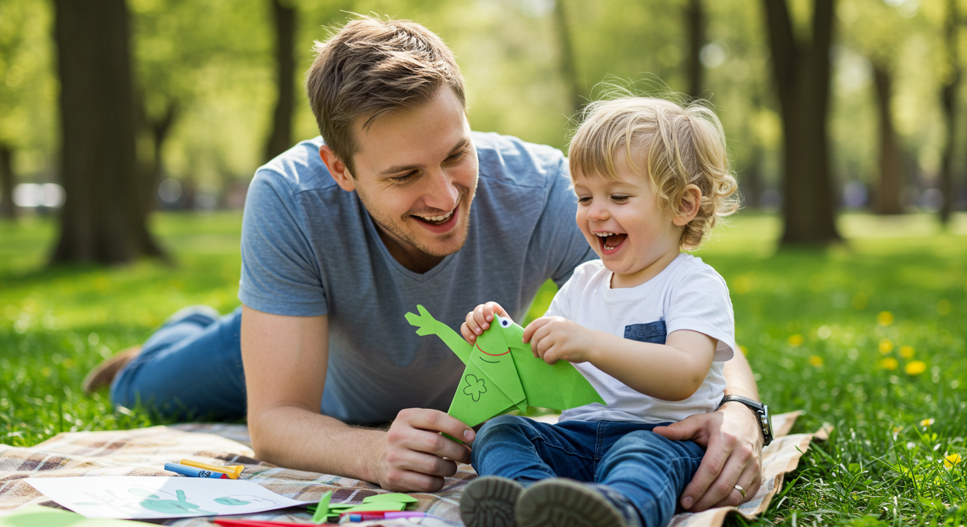Отец наблюдает за сыном, который смеется, складывая бумажного лягушонка в парке