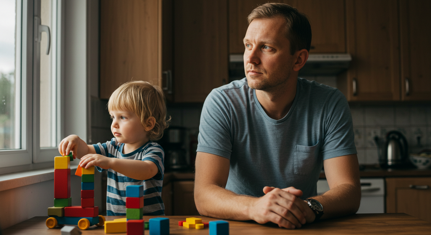 Отец наблюдает за сыном, строящим игрушечную башню, в напряженной атмосфере