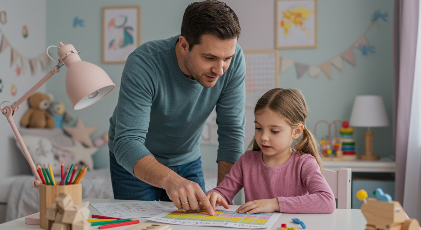 Отец объясняет дочери расписание в детской комнате с игрушками