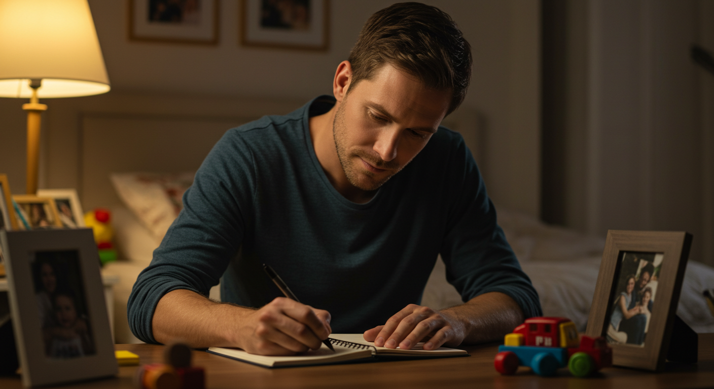 Отец пишет стихи о любви в своем дневнике в спальне