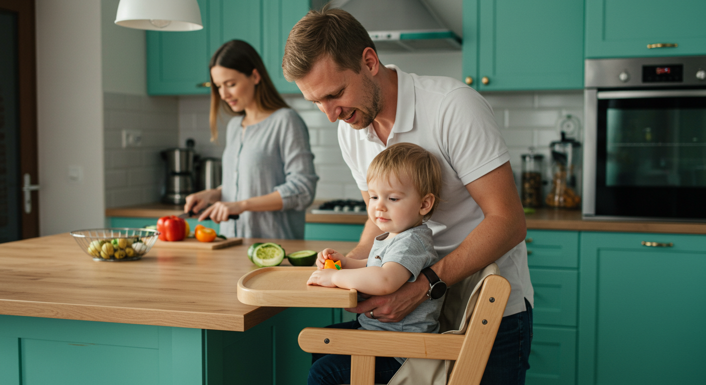Отец поднимает сына в высоком стуле у бирюзового кухонного острова