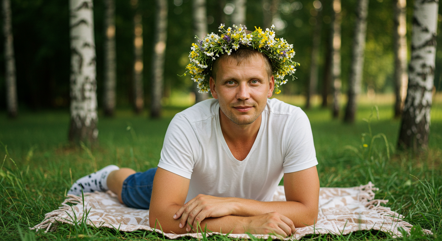 Отец показывает сыну венок из полевых цветов на пикнике