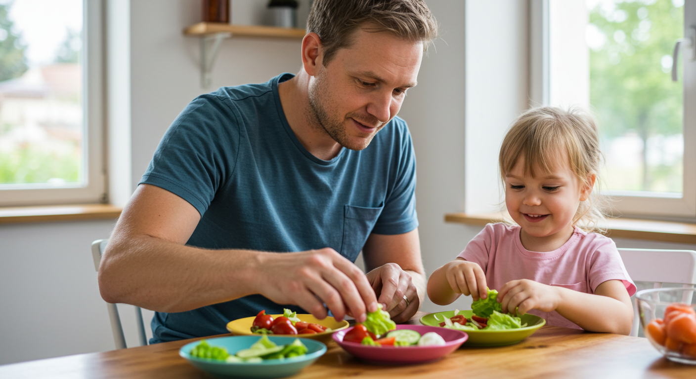 Отец помогает дочери готовить салат в ярких тарелках к обеду
