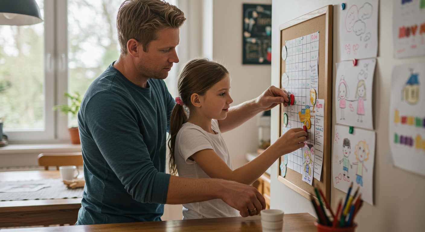 Отец помогает дочери с магнитной доской в яркой кухне, солнечный свет