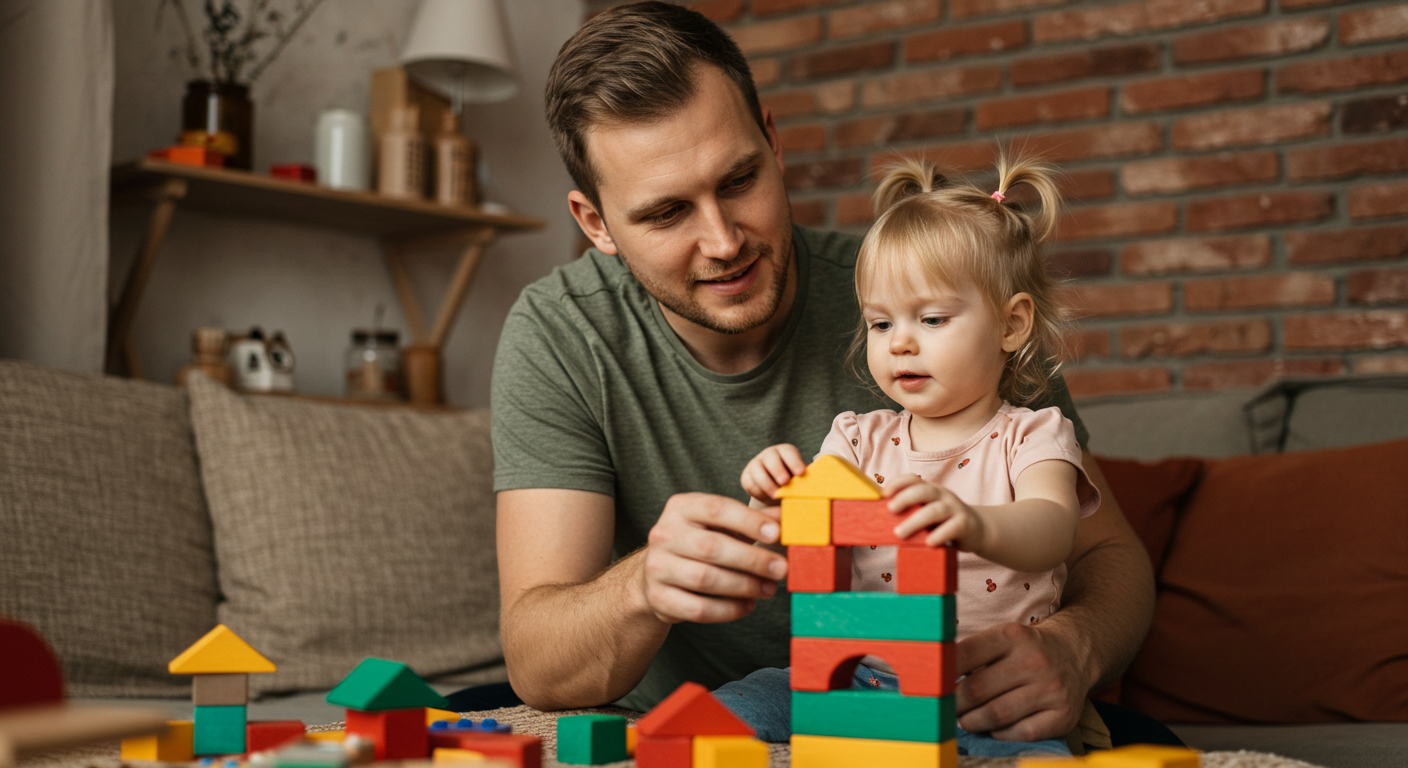 Отец помогает дочери строить башню из игрушек рядом с кирпичной стеной