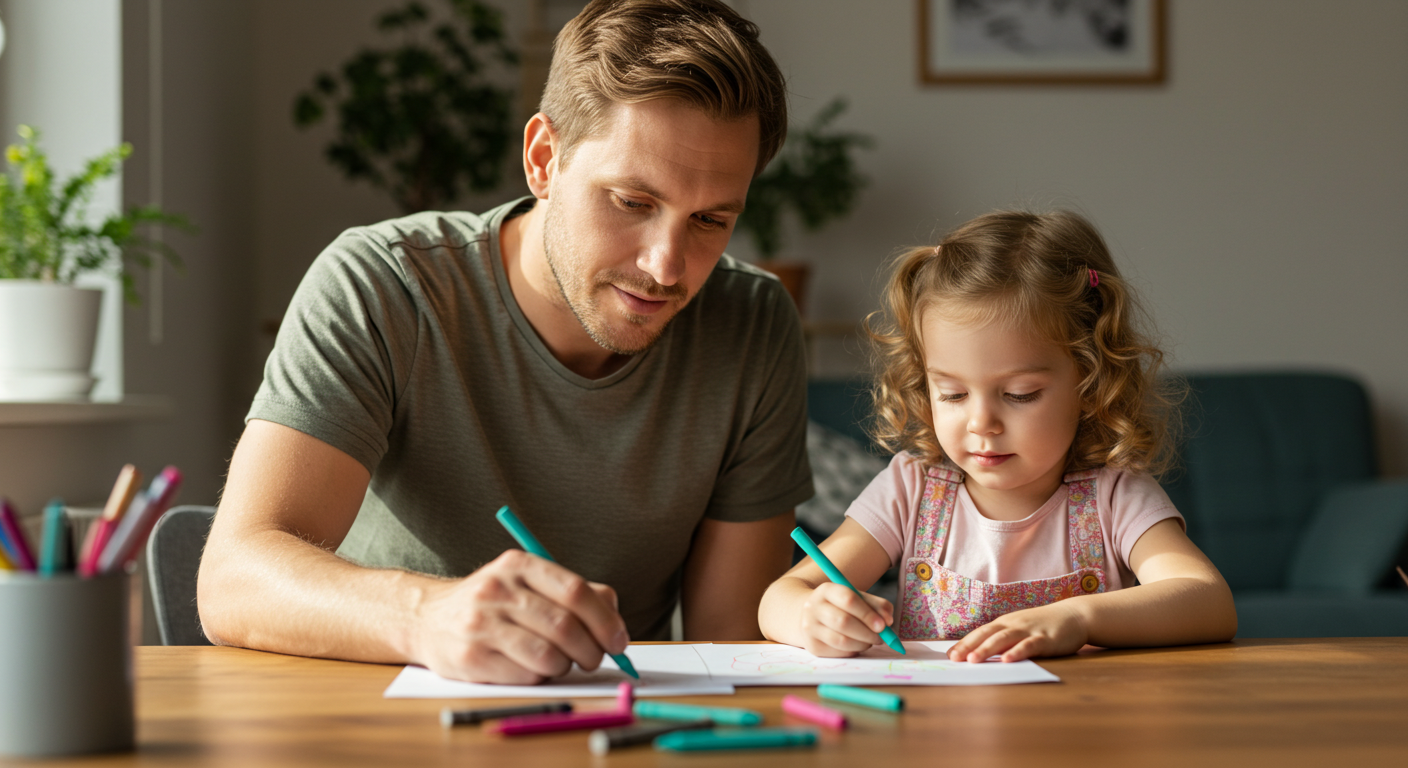 Отец помогает дочке рисовать на деревянном столе в теплой гостиной