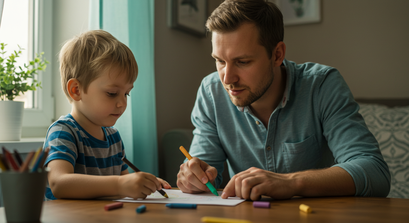 Отец помогает сыну рисовать рядом с окнами с пастельными бирюзовыми шторами