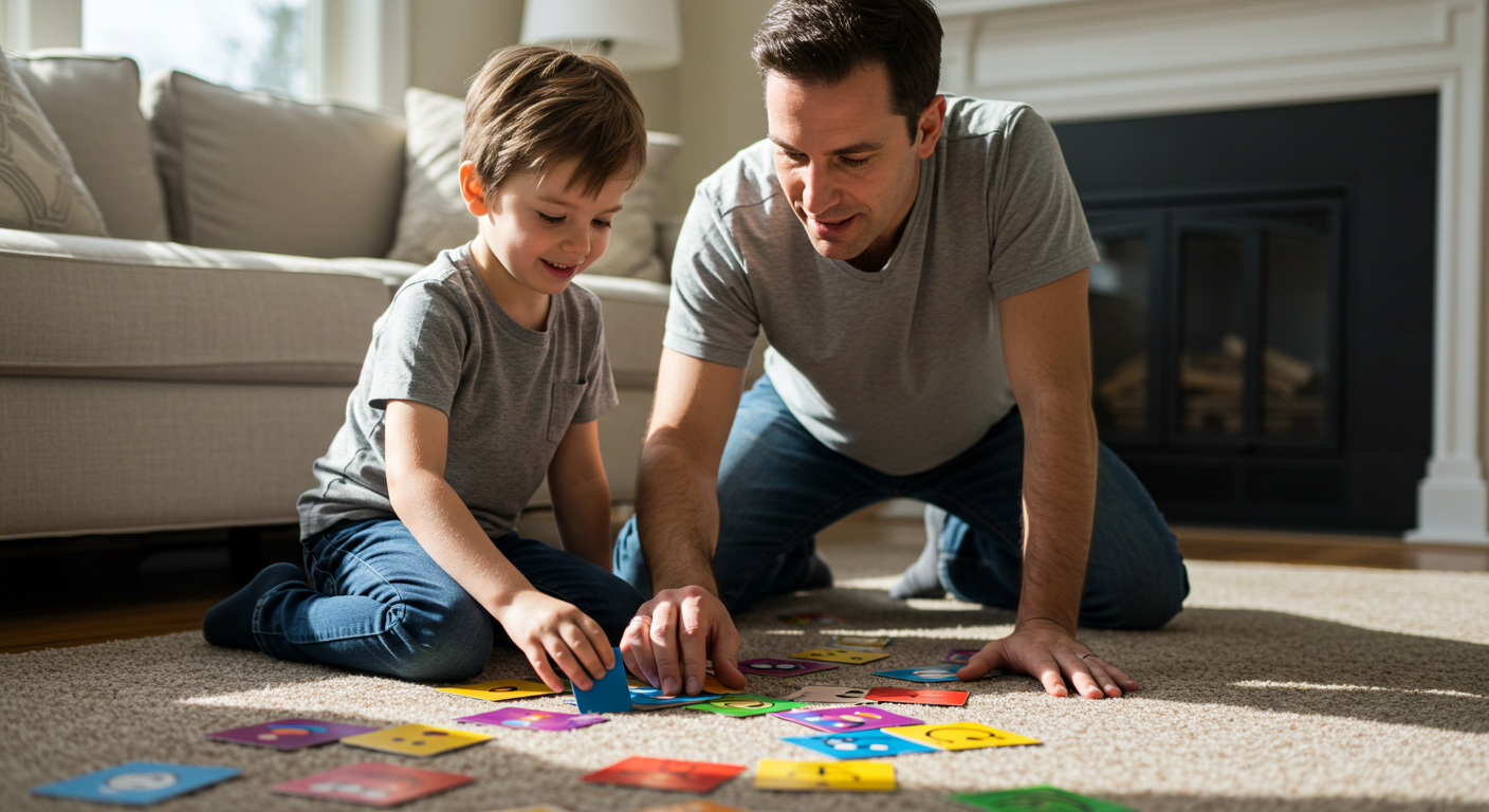 Отец помогает сыну сортировать карточки эмоций в гостиной