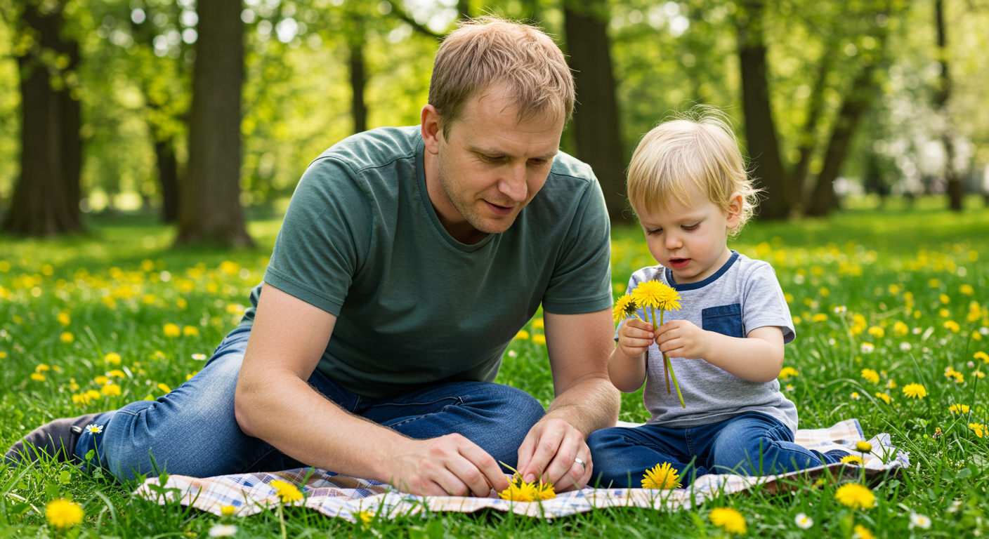 Отец помогает сыну сортировать одуванчики на пикнике в парке