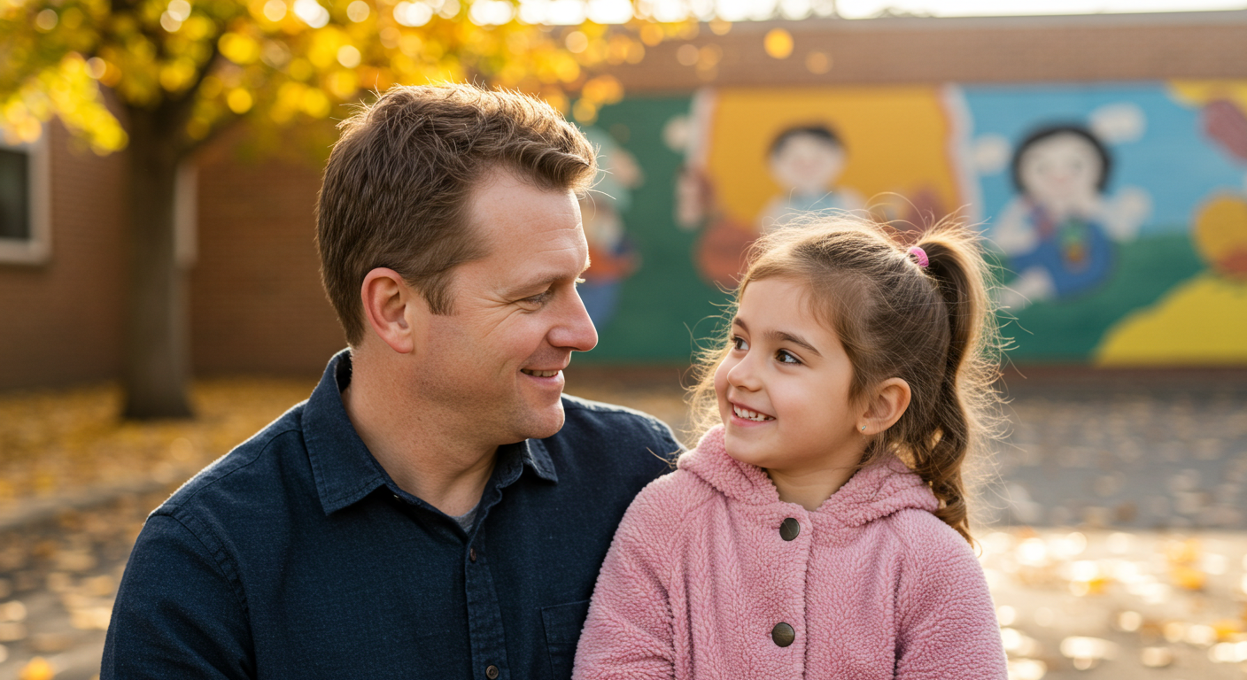 Отец с дочерью гуляют по школьному двору, обсуждая участие в образовании