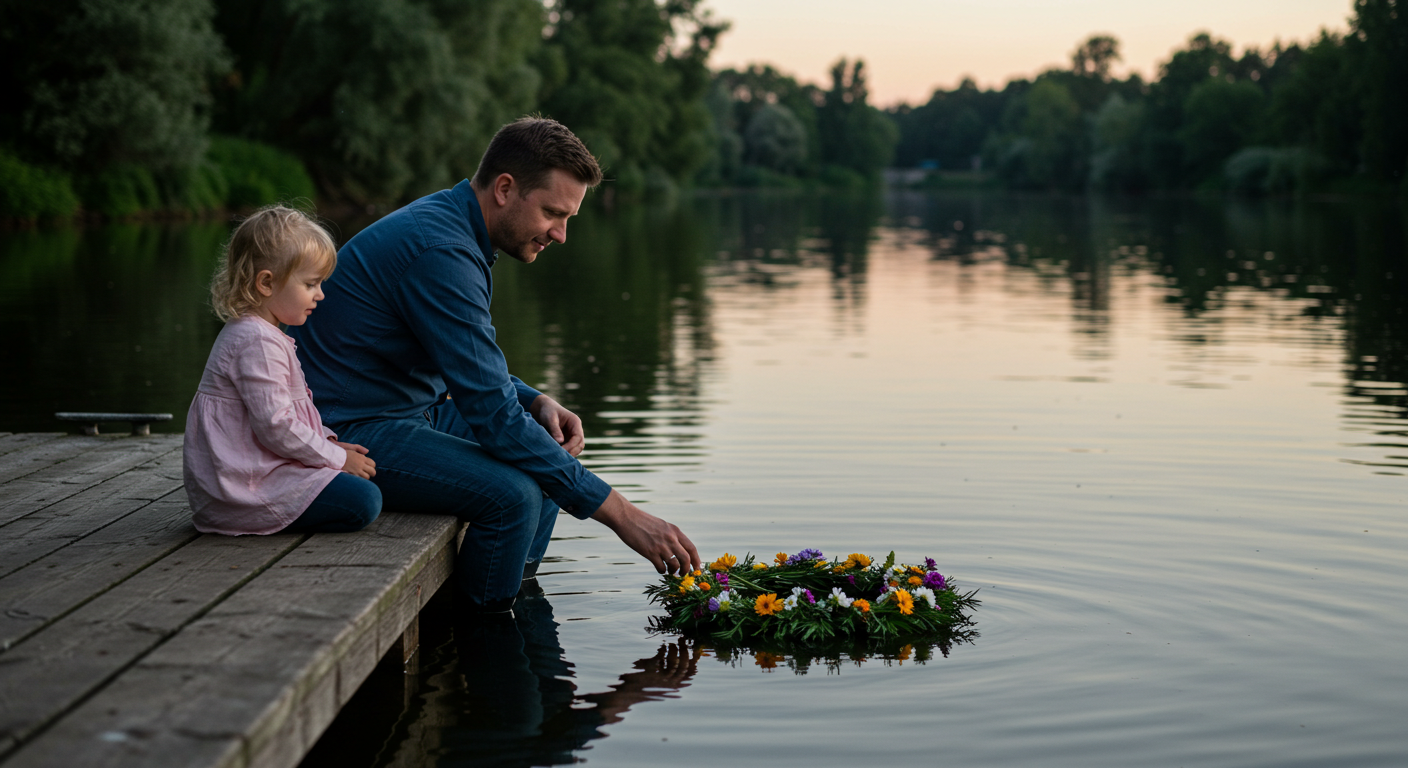 Отец с дочерью запускают венок на воду в спокойной обстановке