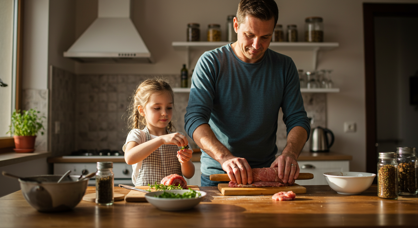 Отец с дочкой готовят рулет из мяса в светлой кухне своего дома