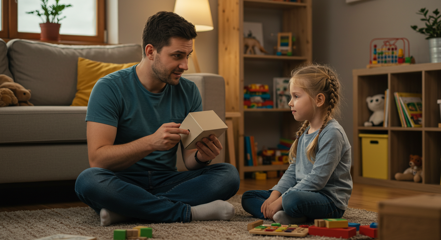 Отец с дочкой играют с самодельным телефоном на ковре в гостиной