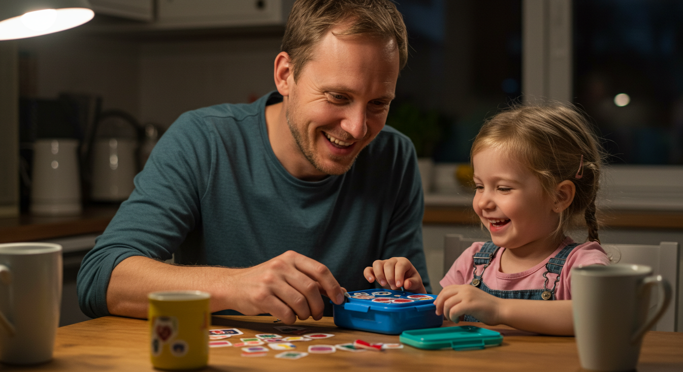 Отец с дочкой украшают детский ланч бокс наклейками на кухне