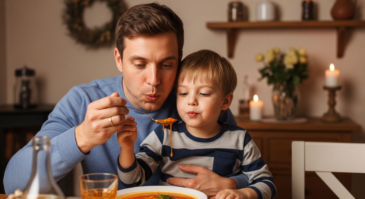 Отец с сыном пробует теплый морковный суп за ужином в уютной столовой