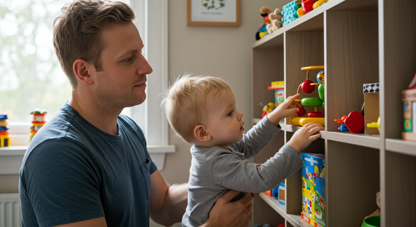 Отец с сыном рассматривают игрушки в уютной детской комнате