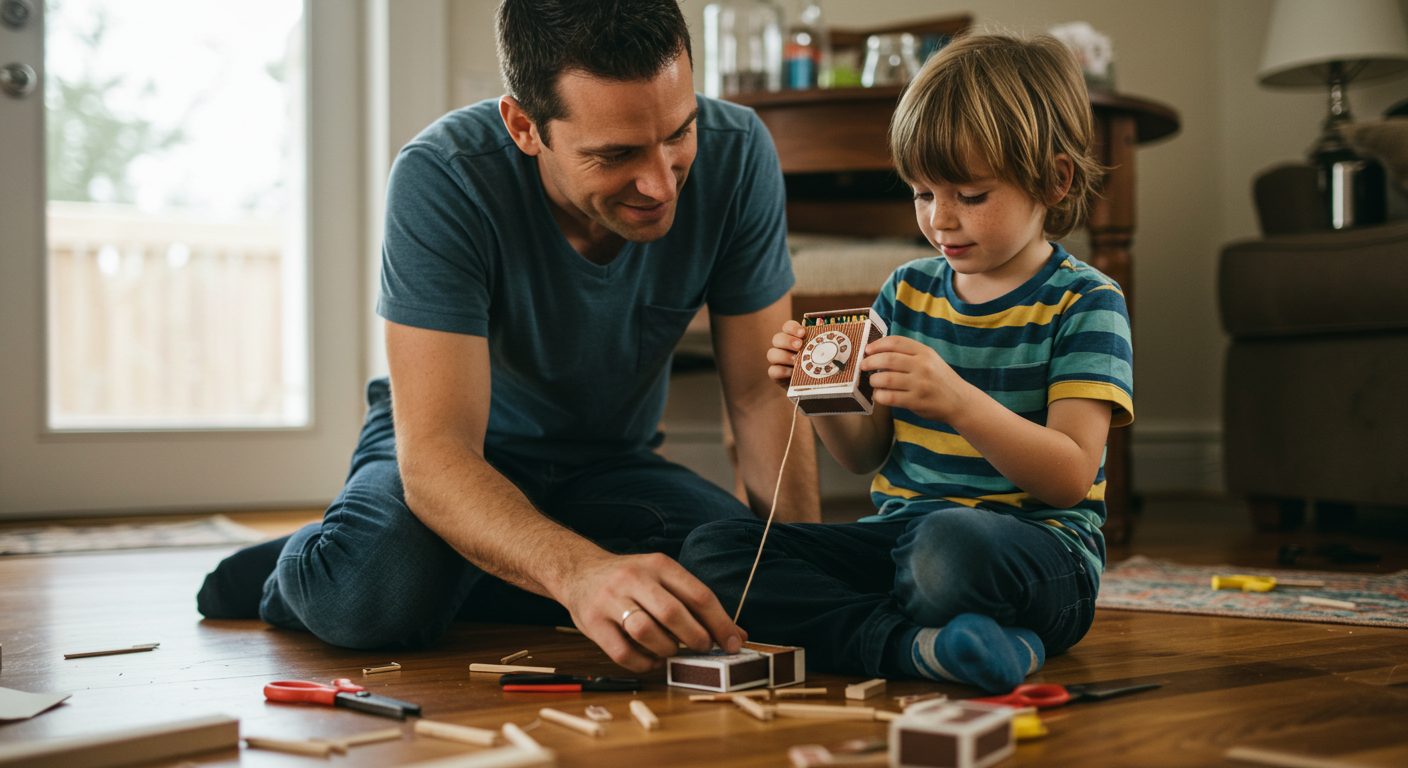 Отец с сыном собирают телефон из спичечных коробков на деревянном полу