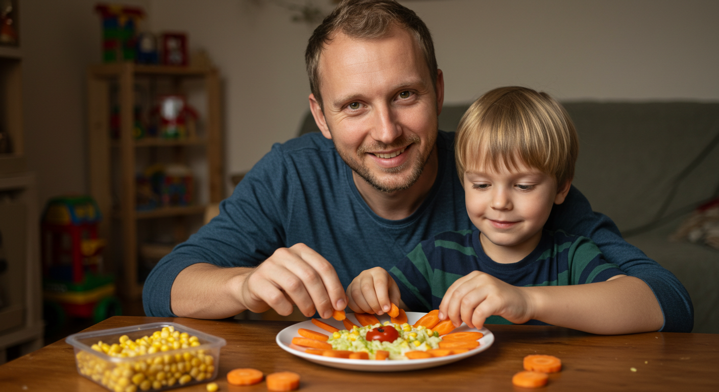 Отец с сыном украшают солнечный салат из моркови и кукурузы