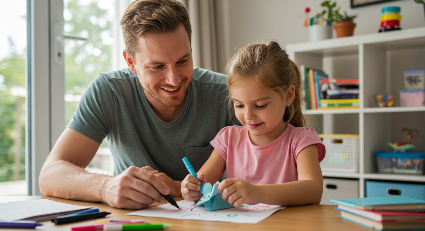 Отец смотрит, как дочь украшает бумажную мышку для кота маркерами