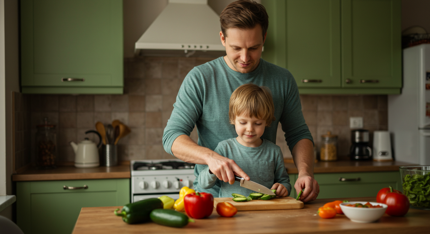 Отец учит сына готовить на кухне с фасадами болотного цвета