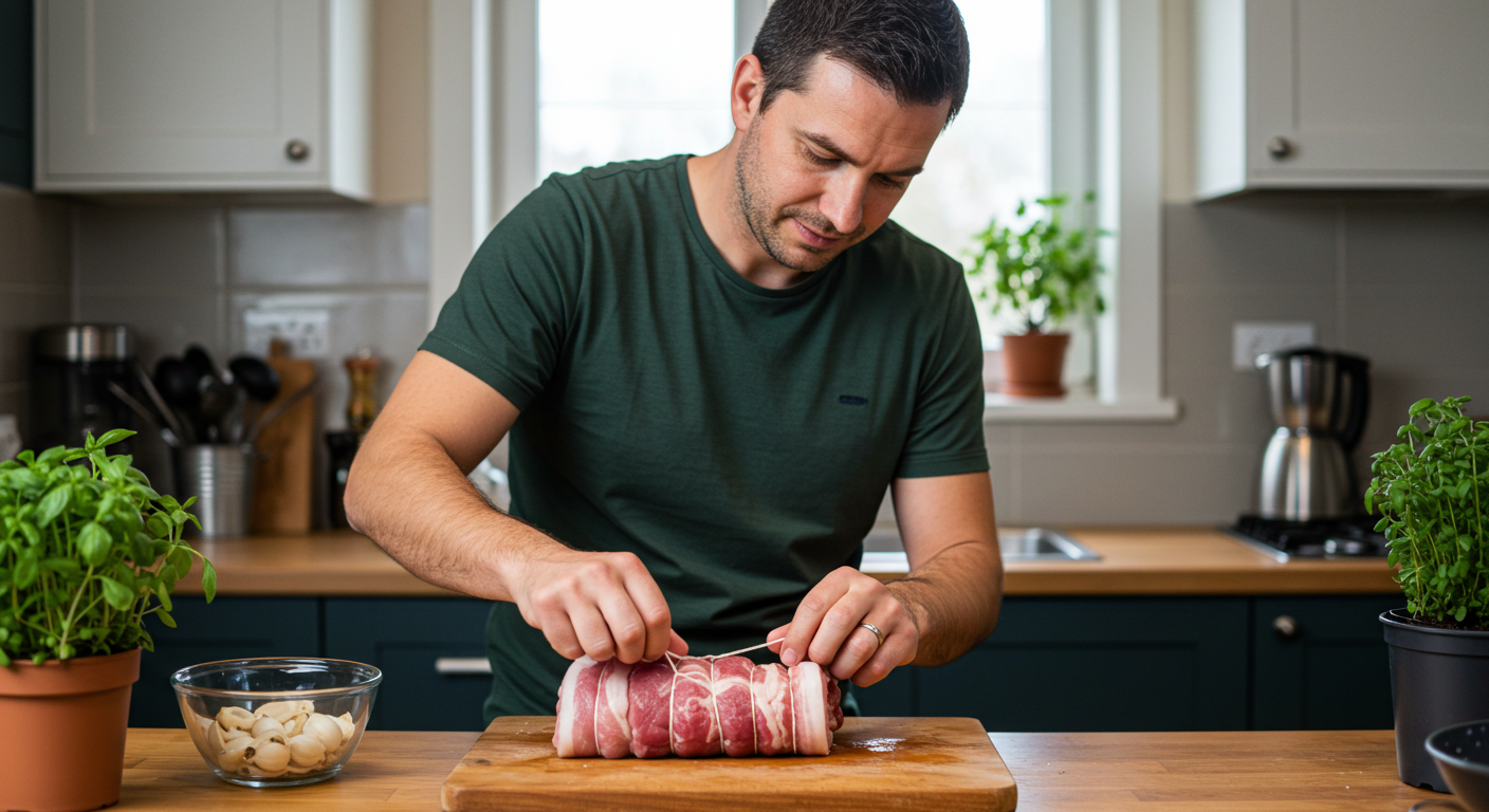 Отец завязывает рулет из грудинки, сын помогает с приправами на кухне