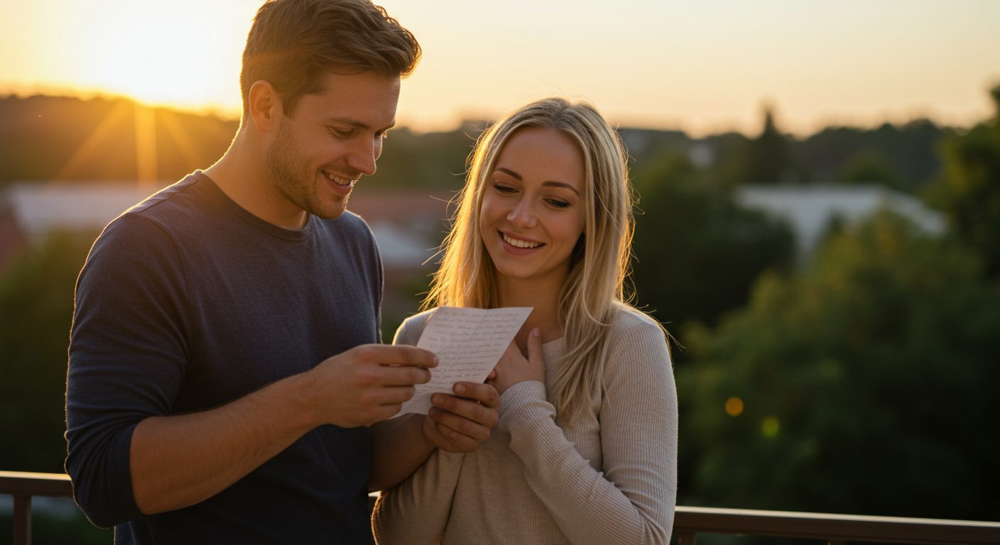 Пара на балконе зачитывает романтическое признание друг другу